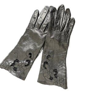 Vintage Black Cutwork Faux-Leather Gloves, Sheer Floral Cutouts